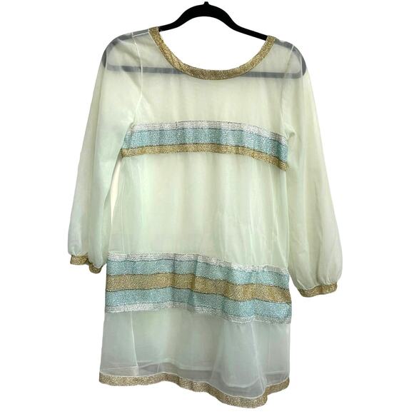 Vintage 60s Metallic Sheer Mint Slip Dress S Negligee Coquette Tinsel Stripes - Picture 1 of 13
